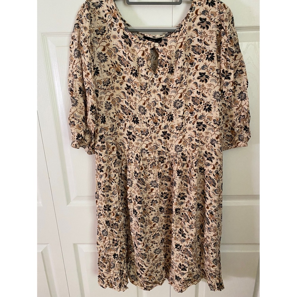Ellos Women Floral Babydoll Dress Cream Tan Blak Keyhole Neck Rayon Size 18/20 L